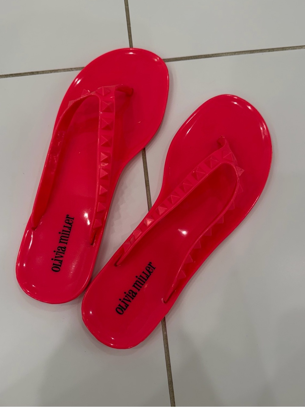 olivia miller hot pink studded jelly flip flops
